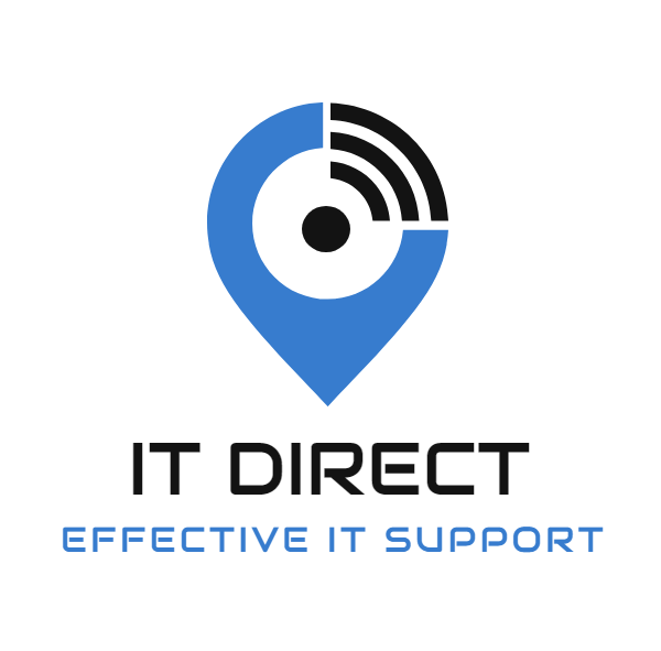 Logo with a blue location pin, wireless signal icon, and text 'IT Direct Effective IT Support' below.