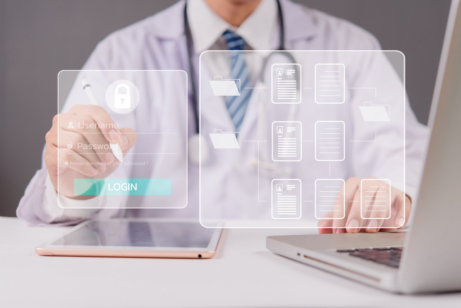 AI healthcare system for secure patient information, medical data login authentication, online health records, cloud security in hospital, digital transformation in healthcare.
