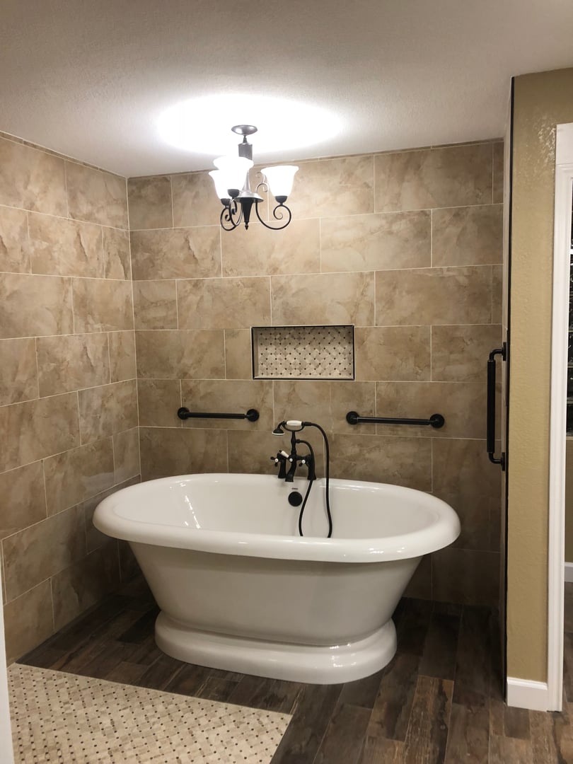 Modern bathroom renovation with custom tile work and contemporary fixtures
