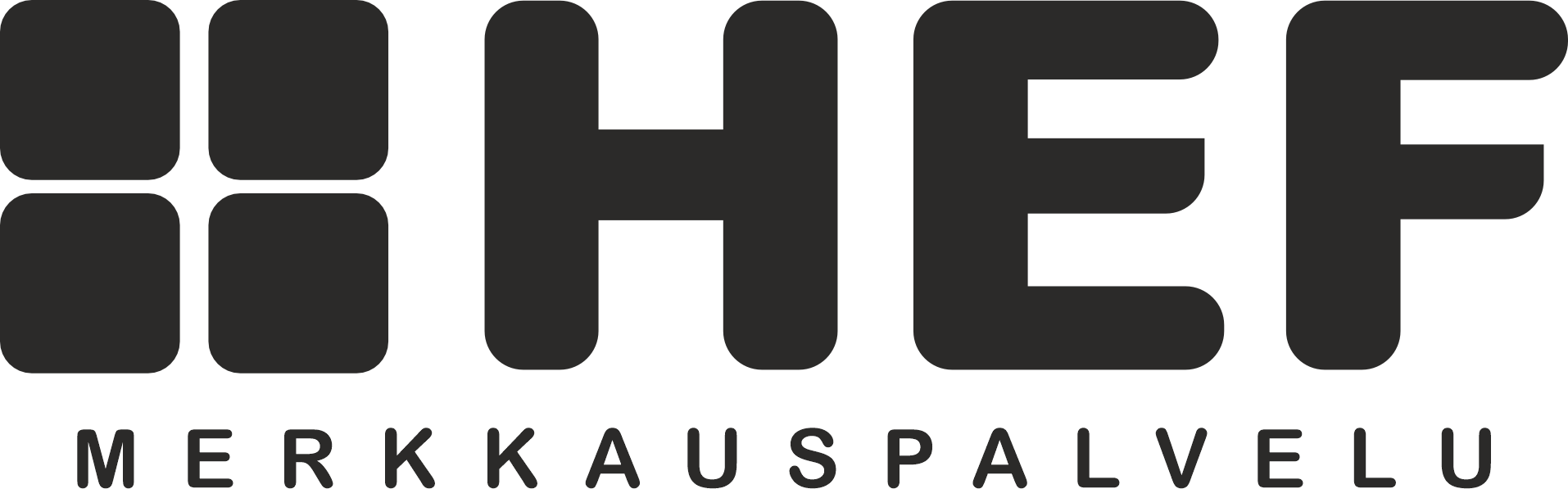 HEF logo with four abstract shapes and text MERKKAUSPALVELU below, in a bold, modern font.