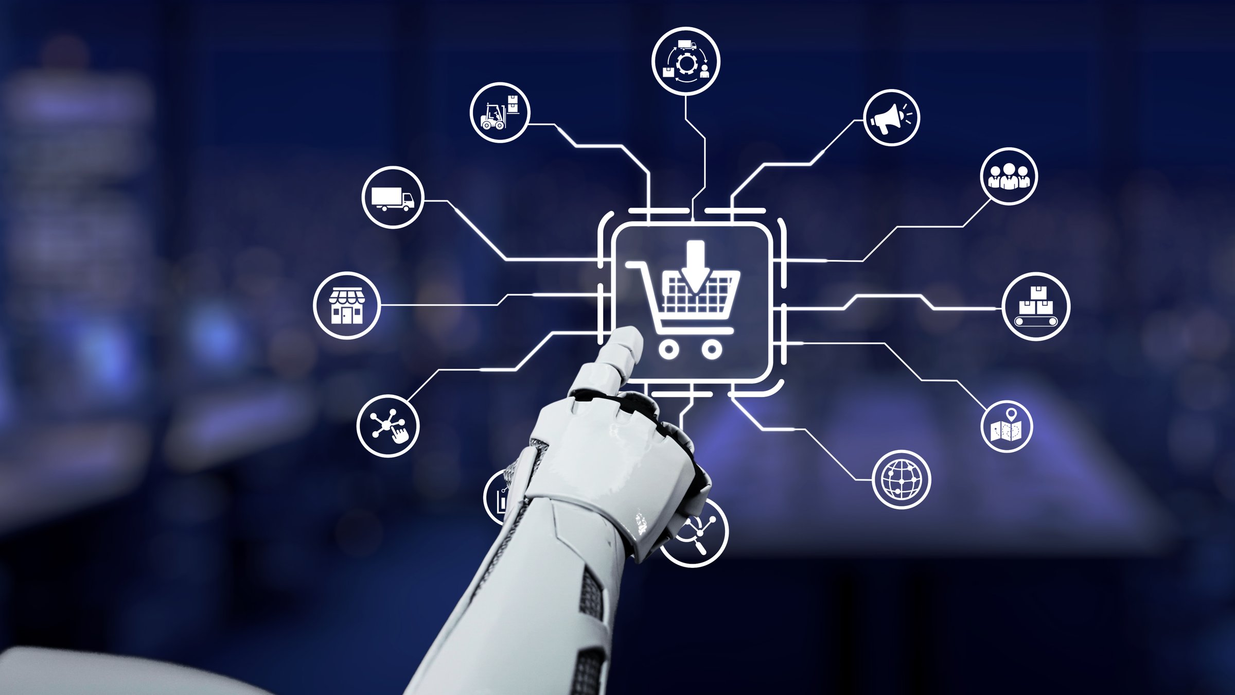 Robotic hand pointing to digital e-commerce icons