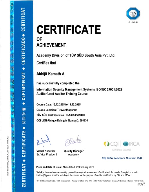Abhijit Kamath A - ISMS Auditor Certificate