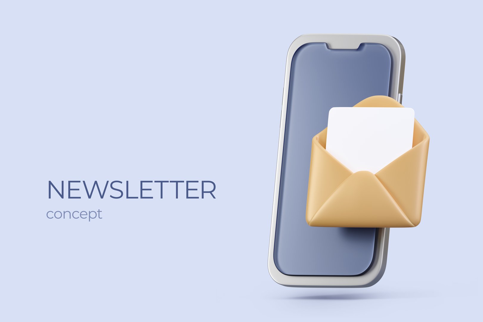 Mobile smart phone with mail app. Banner for mail service, newsletter concept. Sign up to mailing list. 3D render Illustration