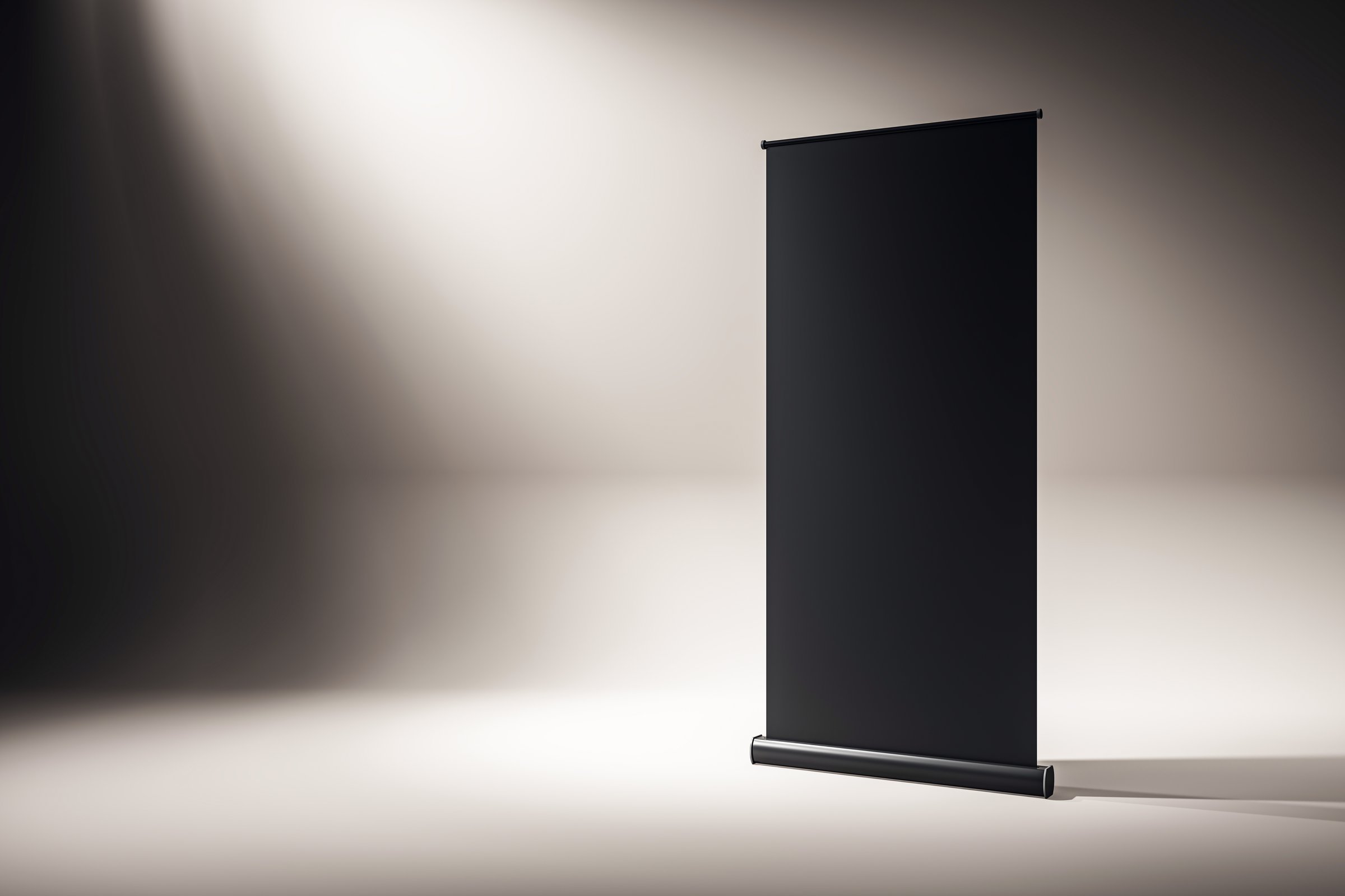 Black rollup banner standing in a studio with a beige wall and floor, isolated template for advertising or exhibition purposes. 3D Rendering
