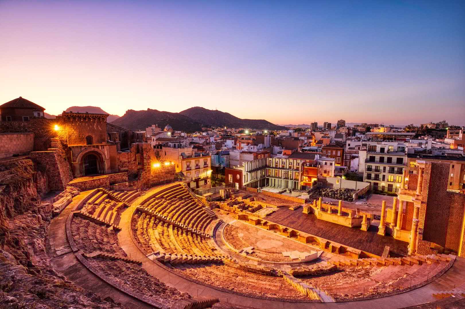 Roman Theatre in Cartagena at Sunset, Murcia, Spain