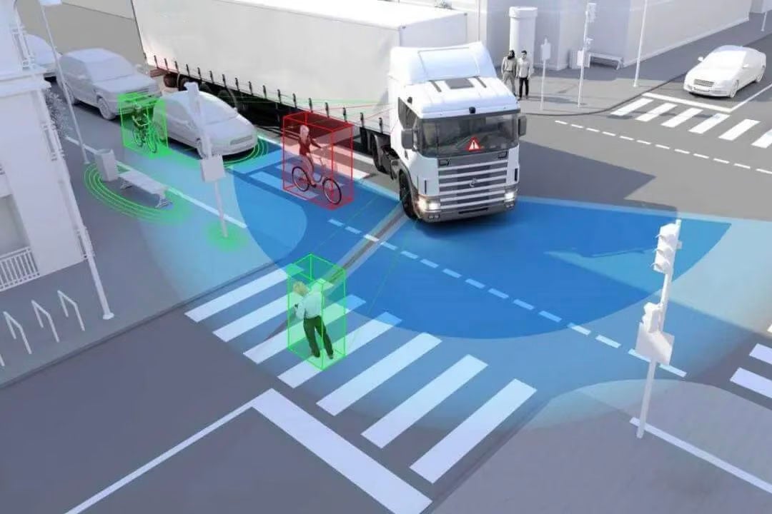 Illustration of truck using technology to detect pedestrians, cyclists, and nearby vehicles at an intersection.