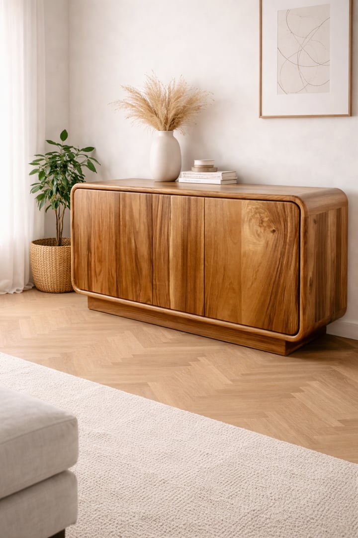 Credenza bufetera baja con 4 puertas lisas de veta vertical continua, esquinas y cantos redondeados tipo soft edge, base zócalo corrido efecto flotante
