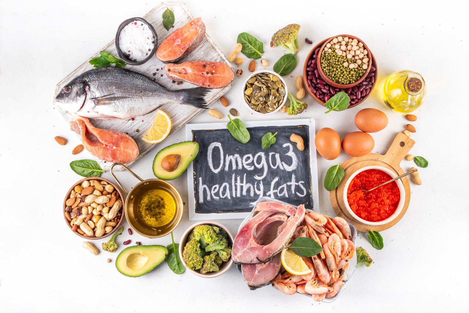 Variety food rich in Omega-3, ALA, EPA, DHA healthy fatty acids sources, Animal and vegetable sources of omega3, healthy fats, vitamin and antioxidants. Healthy keto and low carb diet food