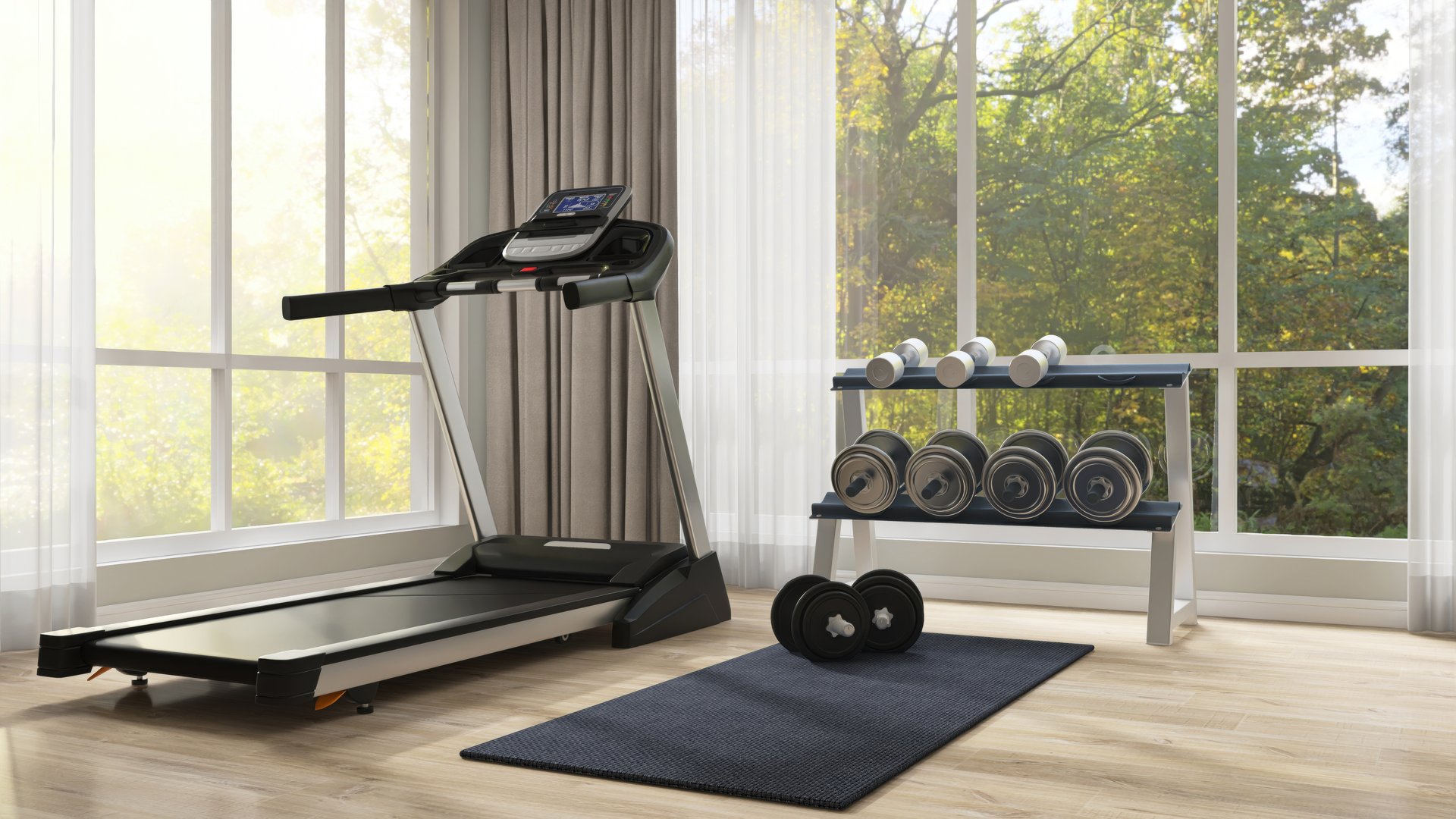 Luxury home gym concept. Modern treadmill, shelf of dumbbells, black mat in fitness room in sunlight from large window with brown blackout, white sheer curtain for interior design decoration 3D