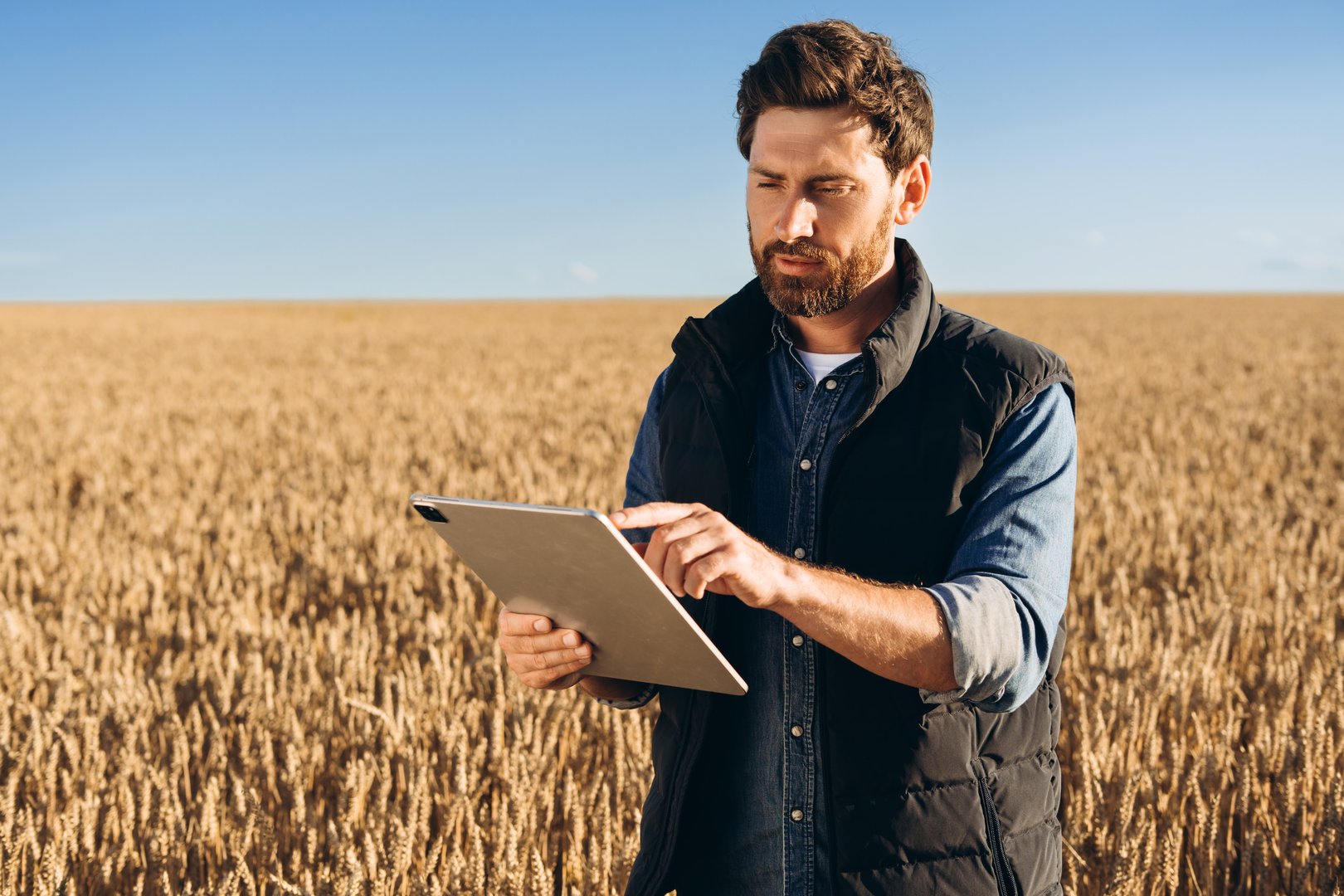 Farmer using digital tablet in wheat field