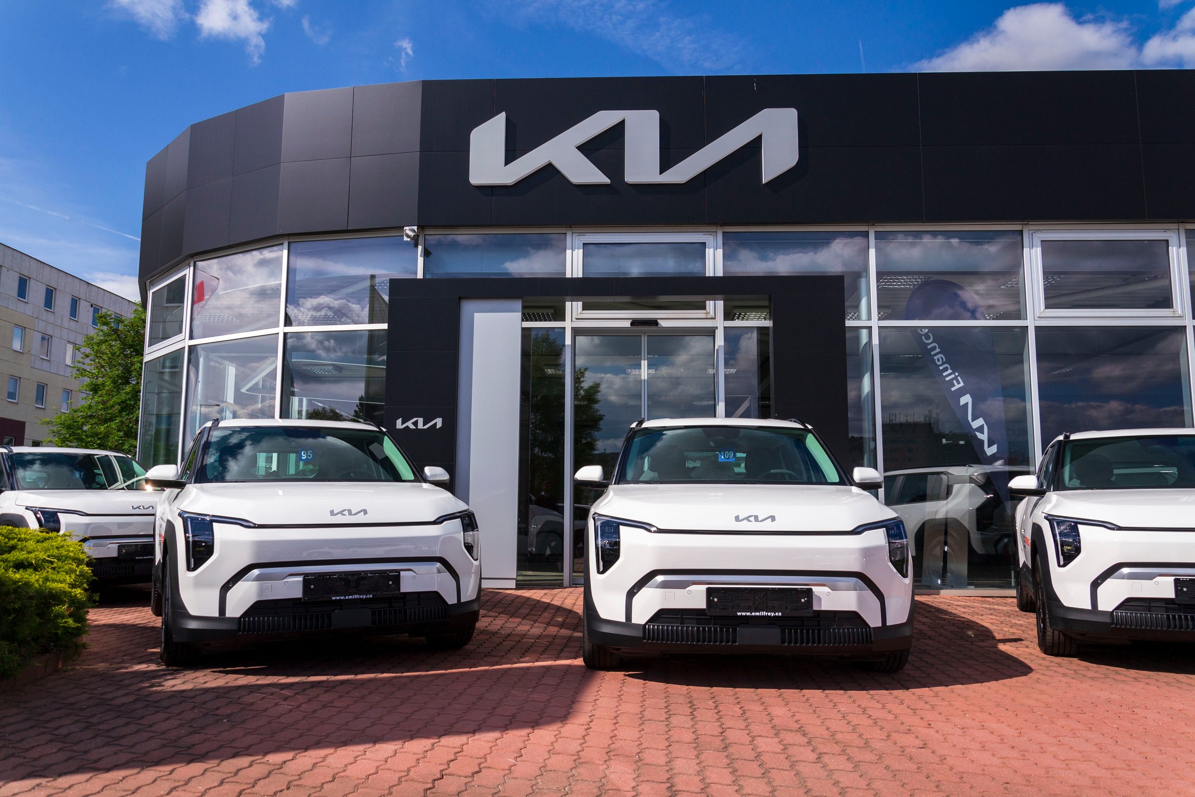 Kia EV3 electric cars in front of dealership building on May 29, 2025 in Prague, Czech republic.