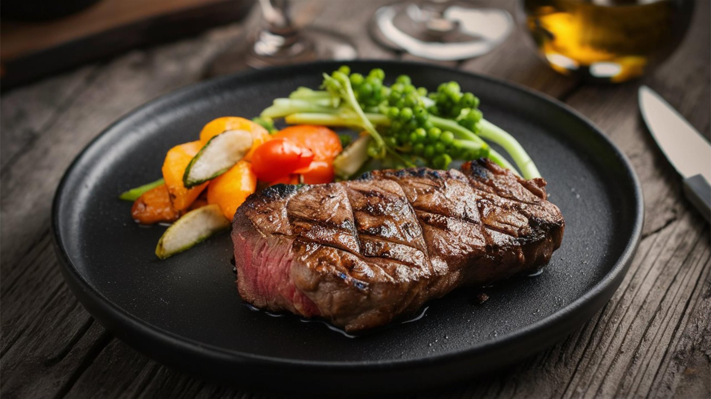 Grilled steak with vegetables on a black plate, showcasing a gourmet meal with vibrant colors and textures.