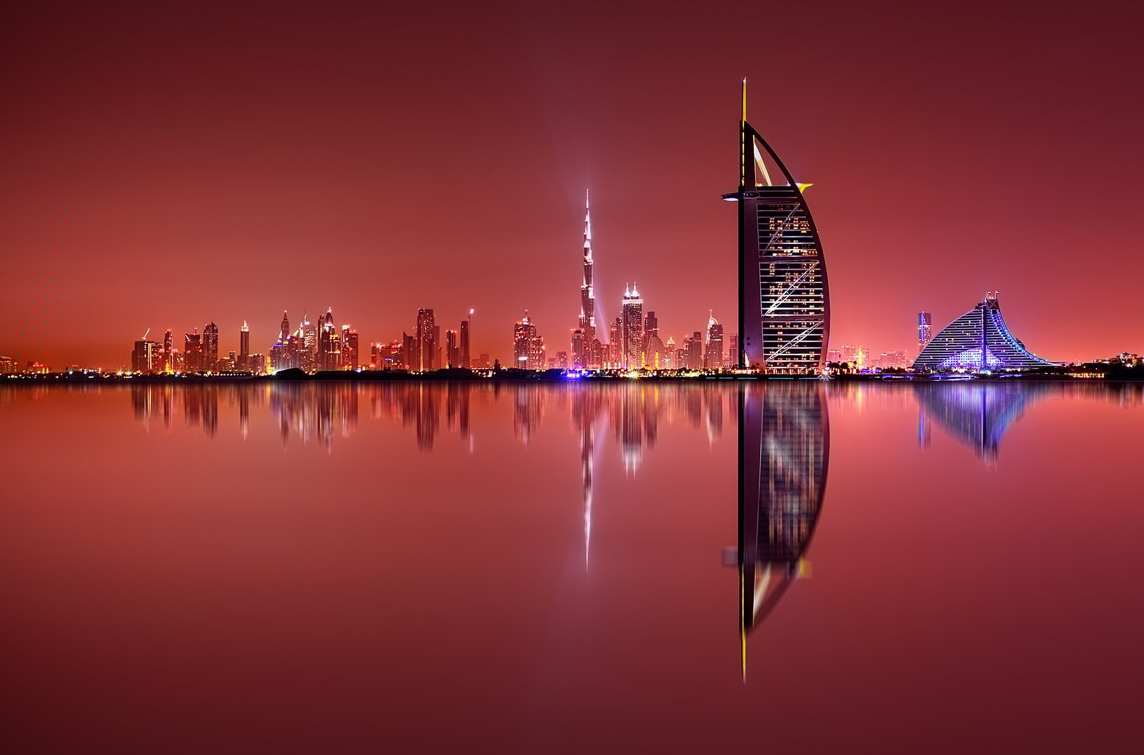 Dubai skyline reflection at amazing night, Dubai, United Arab Emirates