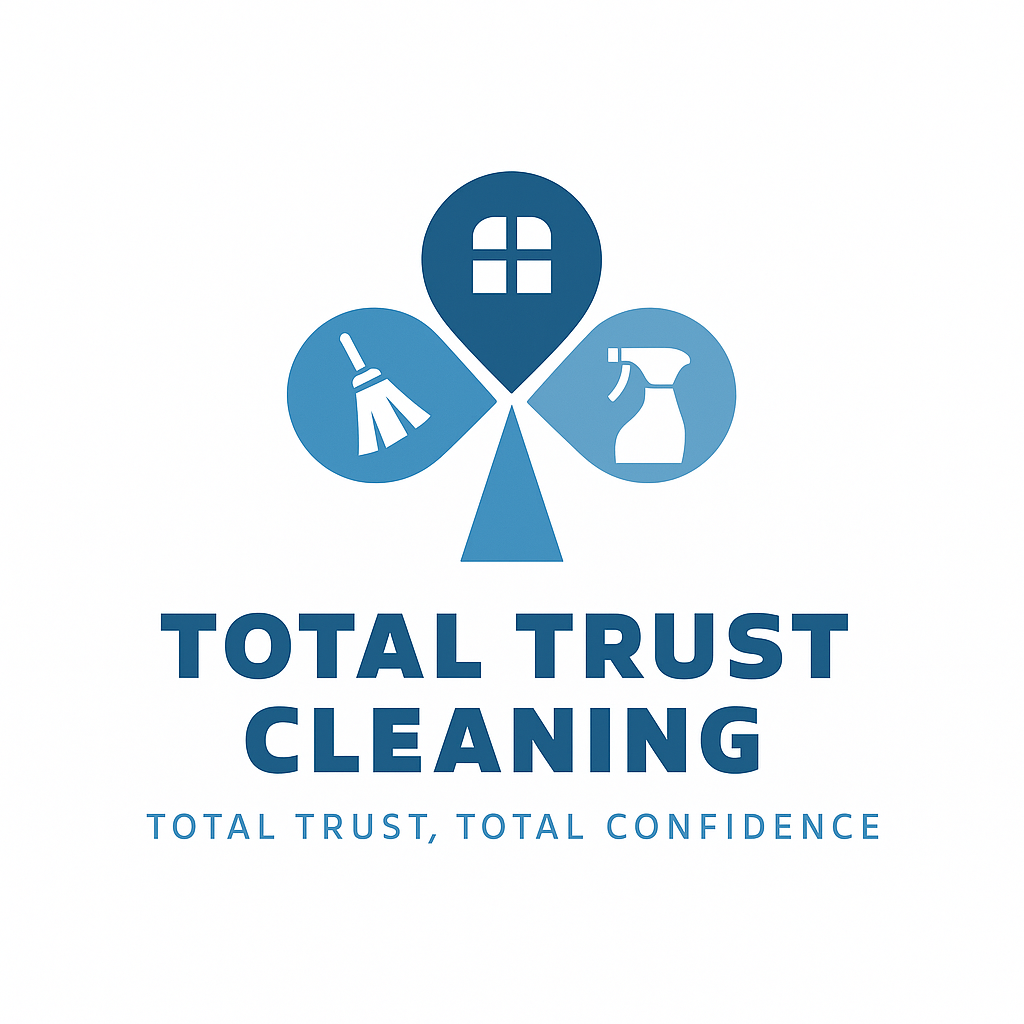 Logo of Total Trust Cleaning features a house silhouette, broom, and spray bottle with the tagline Total Trust, Total Confidence.