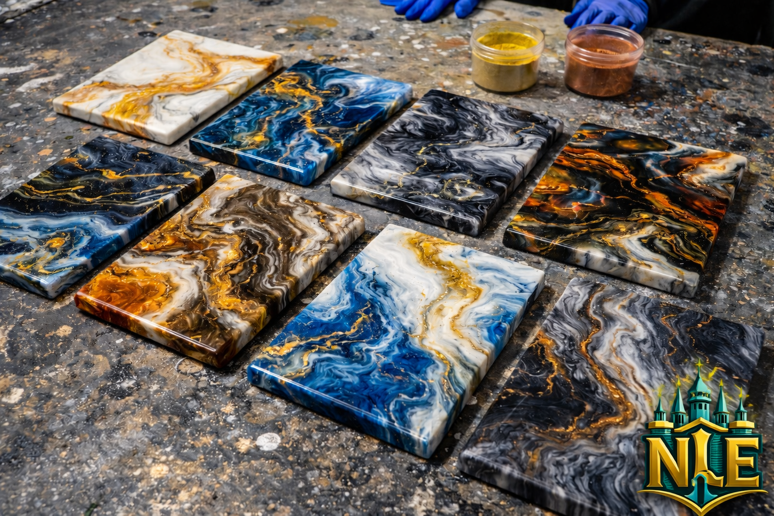 Color customization test slabs showing various epoxy finish options