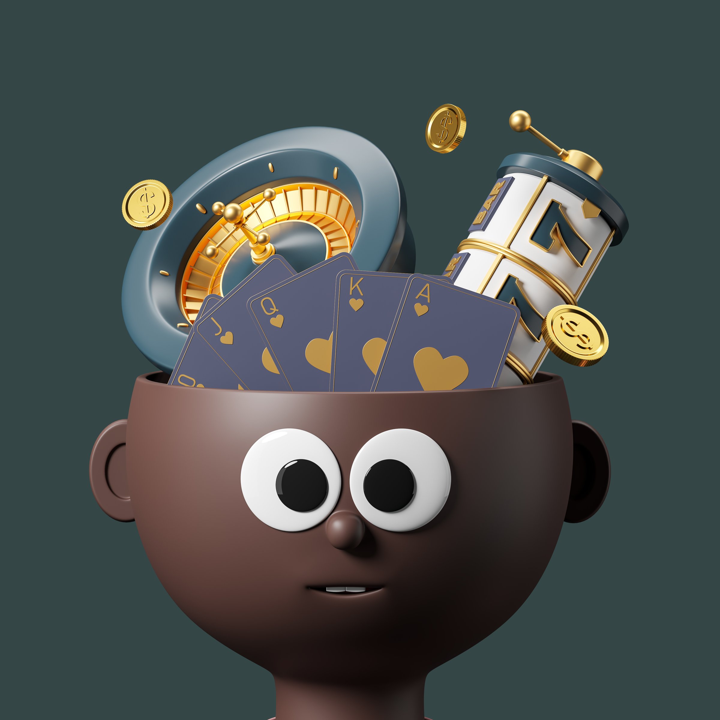Black cartoon man head and online casino with royal flush cards, roulette wheel on green background with falling money. Concept of passion and gambling. 3D rendering
