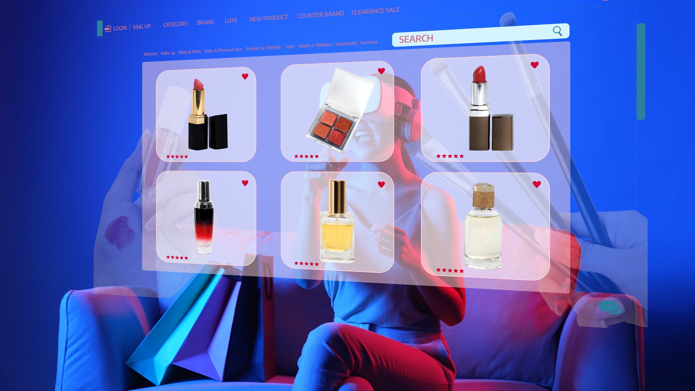 Woman in VR interacting with shopping online website