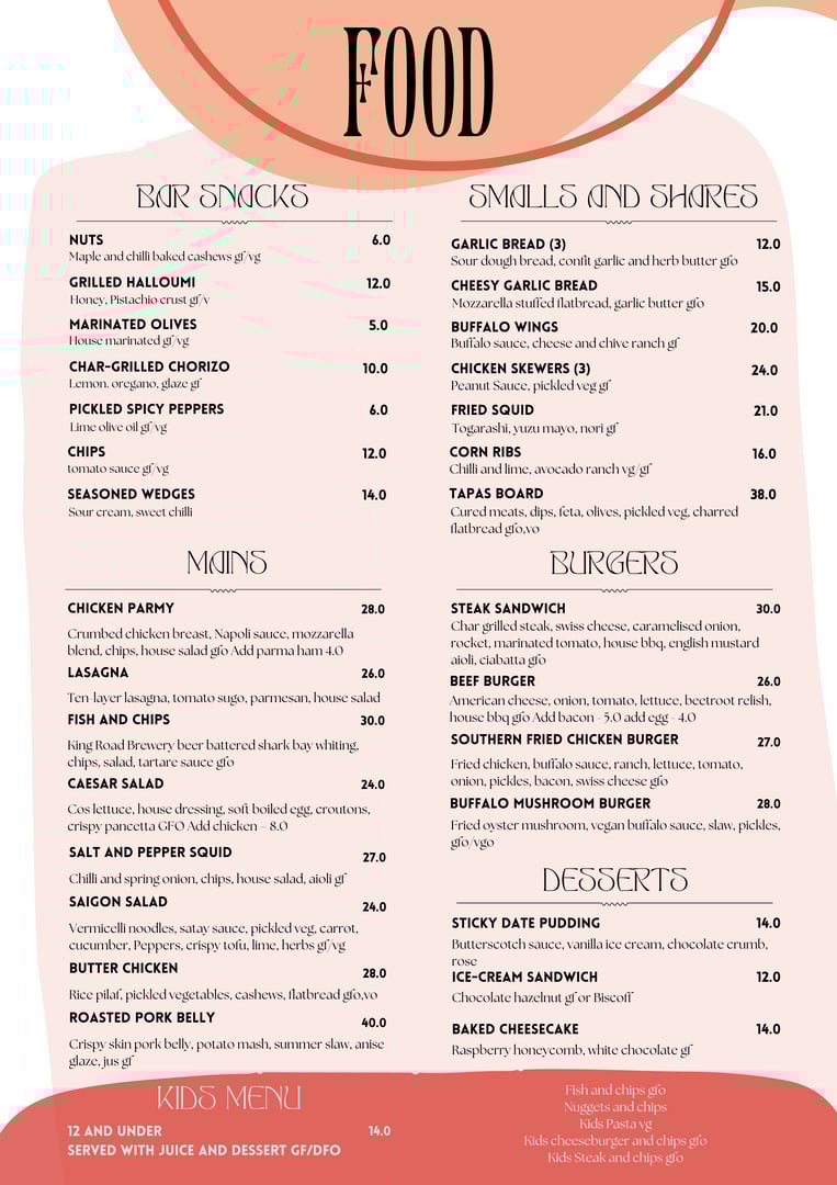 Ponds Bistro Food Menu