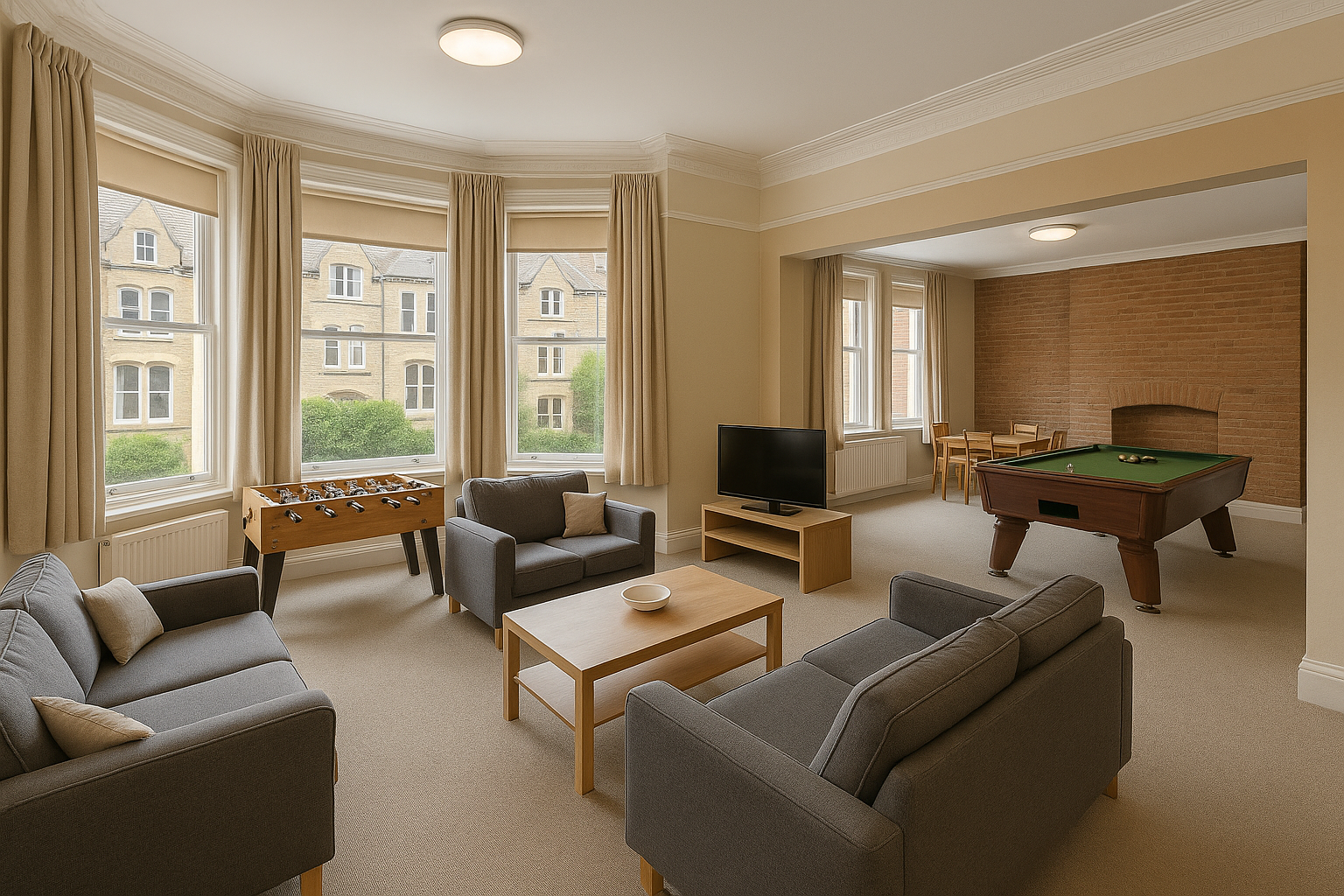 A spacious lounge with gray sofas, a foosball table, a TV, and a billiards table. Large windows provide ample natural light.