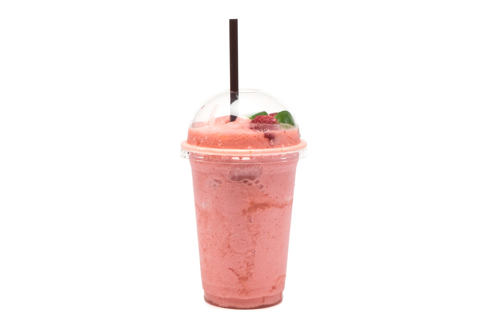 Strawberry smoothie in plastic transparent cup on white background