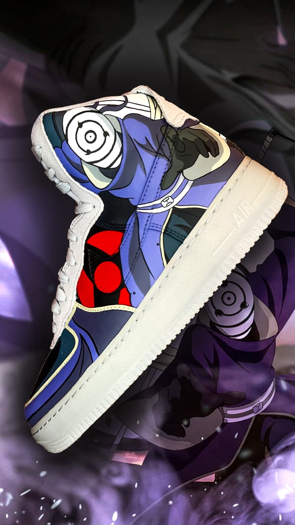 Custom sneaker featuring anime-inspired artwork with a blue, purple, and red theme, and intricate design elements.