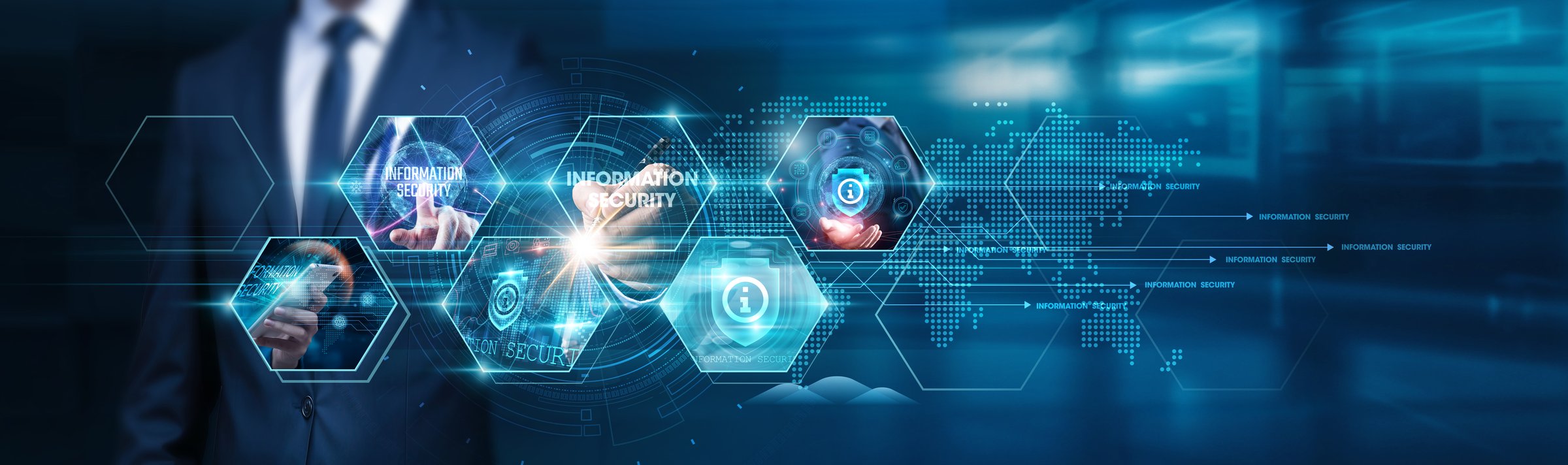 Businessman touch on various aspects of information security, including data protection, network security, cybersecurity measures, risk management, compliance requirements, and incident response.