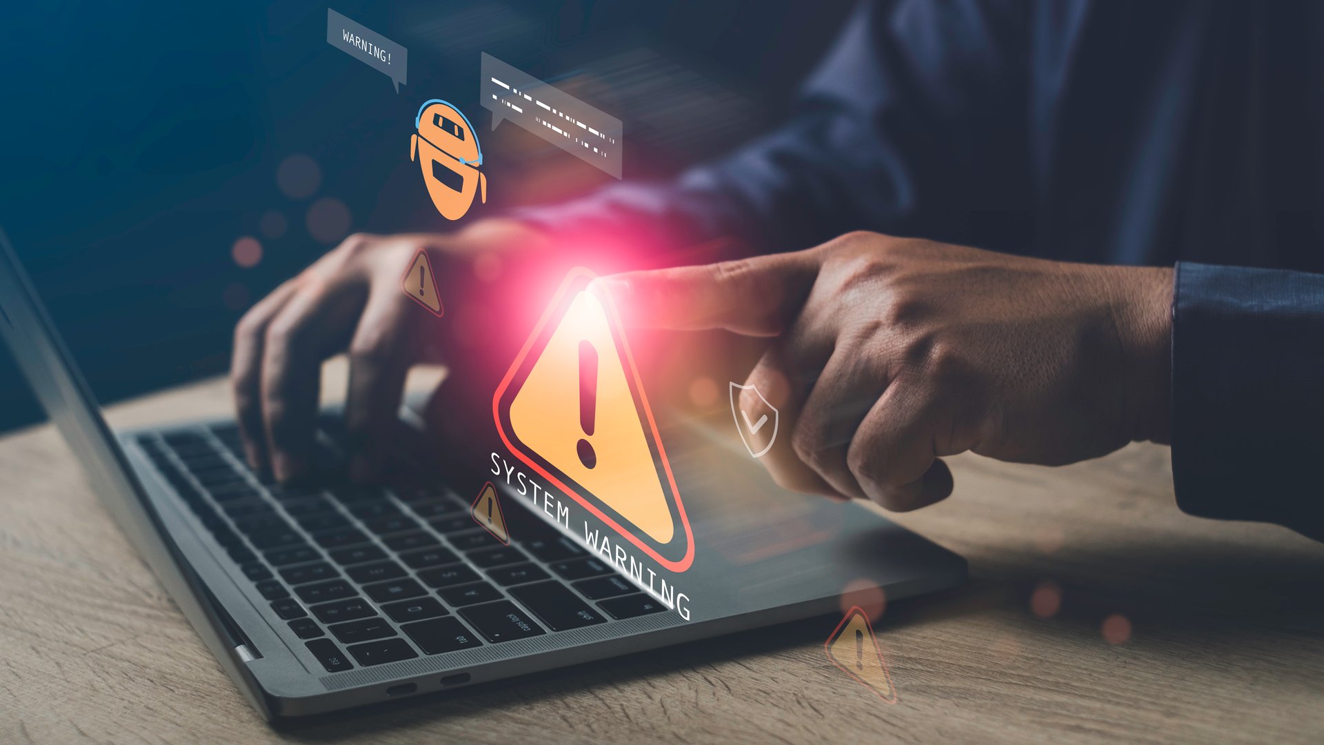 AI system detecting abnormal behavior on laptop, showing warning alert symbol on screen, concept of cybersecurity, system anomaly, and threat detection technology.