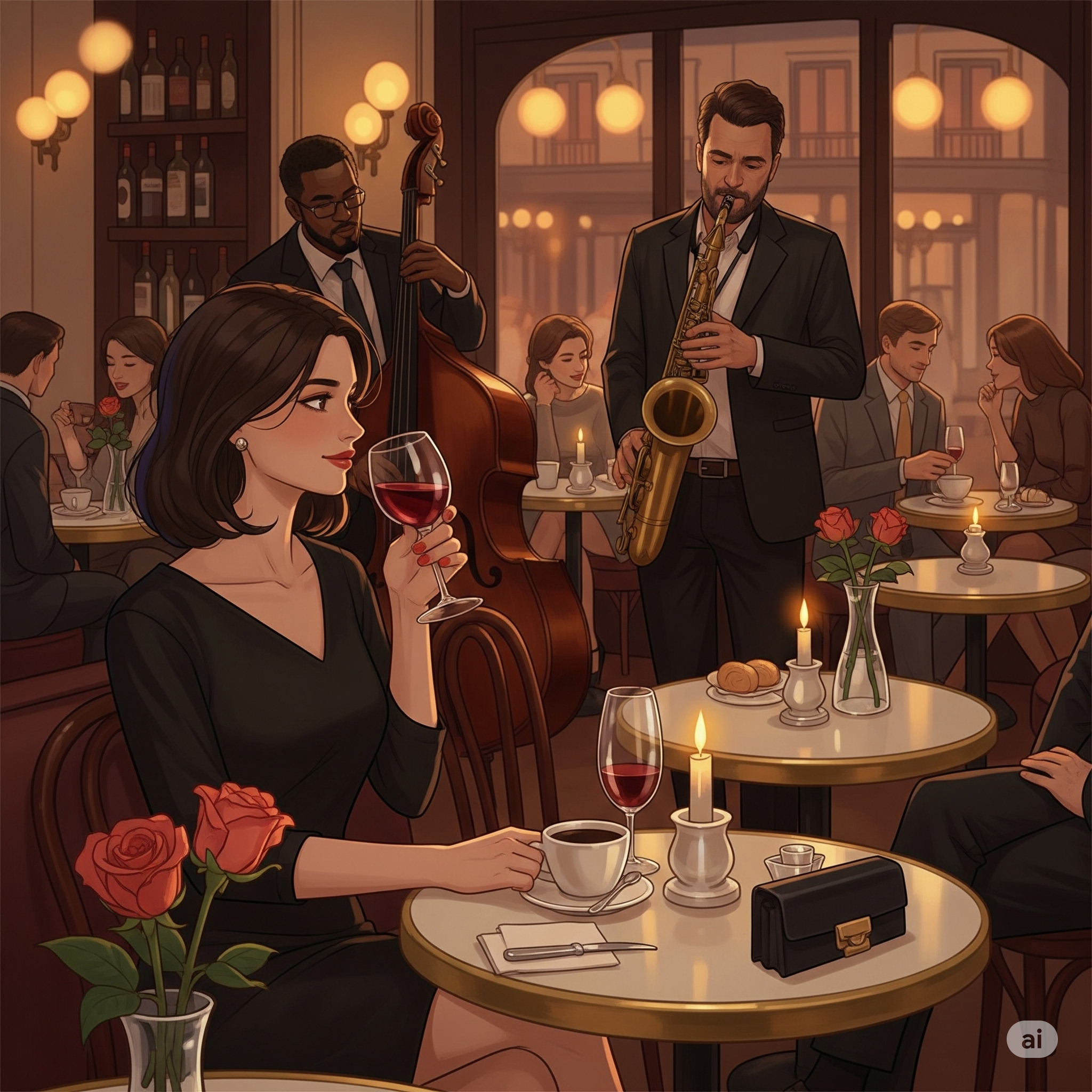 Romantic café scene with a woman in a black dress, live jazz band, wine, and candles creating an intimate atmosphere.