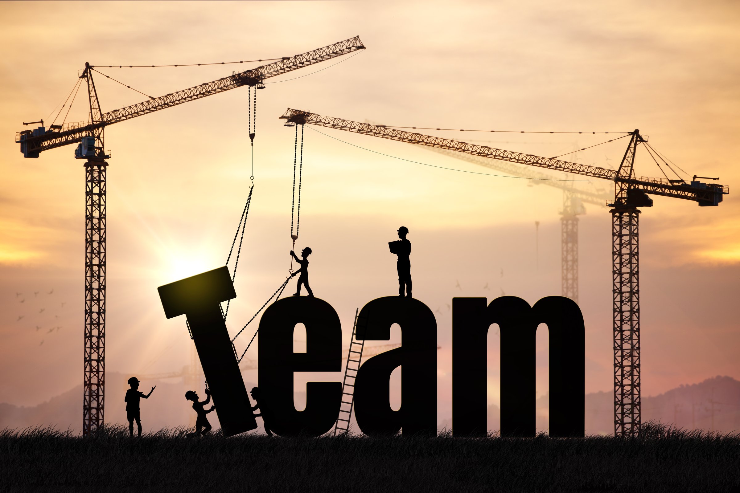 Silhouettes of people and cranes constructing the word Team during sunrise, representing collaboration, leadership, teamwork, and shared goals. Ideal for business, HR, management, or project development visuals.