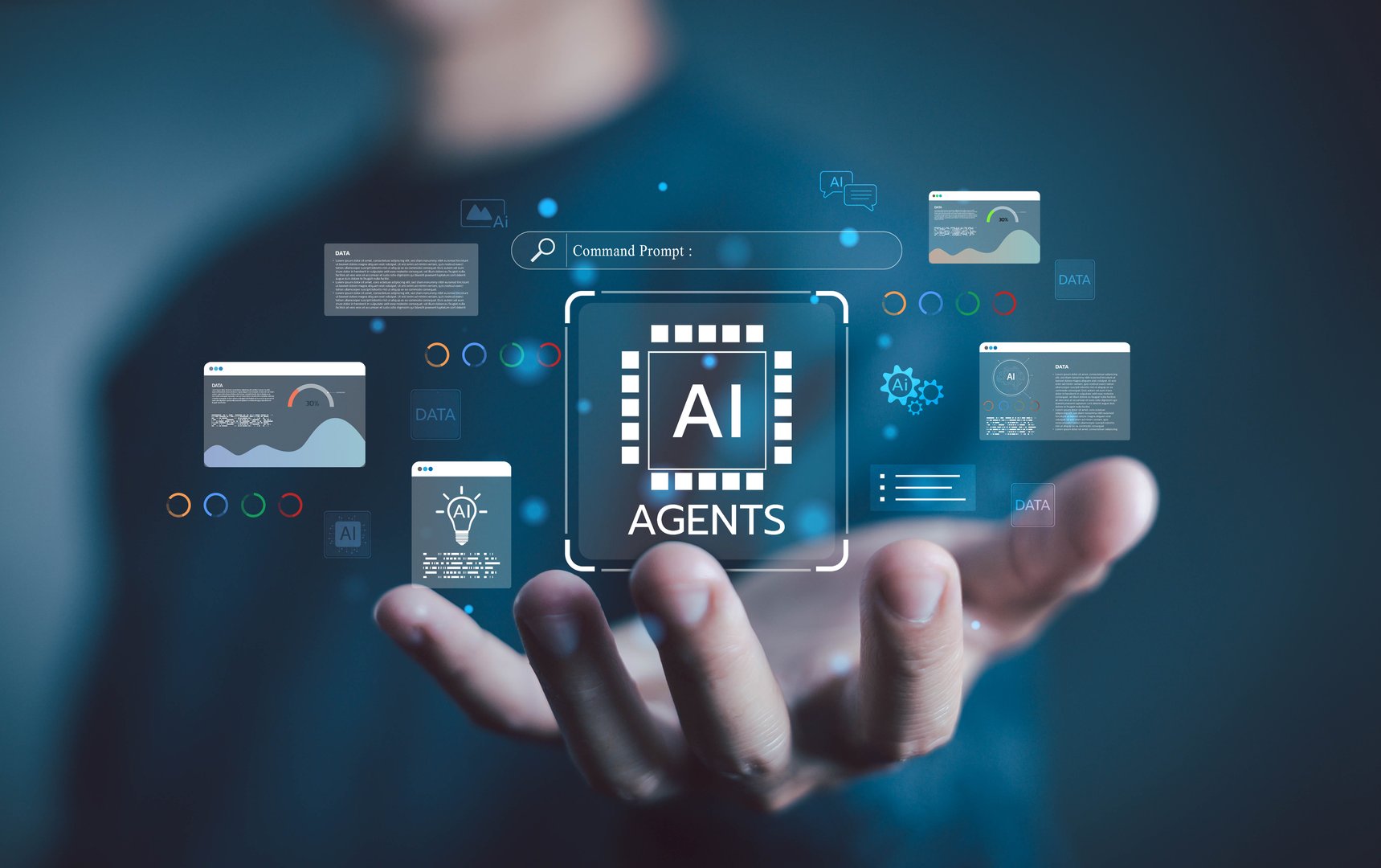 Hand holding AI agents virtual interface with data analytics, automation, and machine learning icons, representing artificial intelligence technology, innovation, digital transformation. AI analysis
