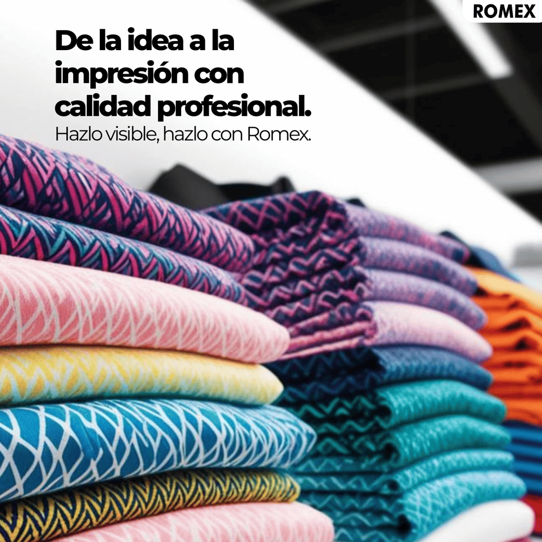 Stack of colorful folded fabrics with abstract patterns, featuring a text promoting Romex for professional quality printing.