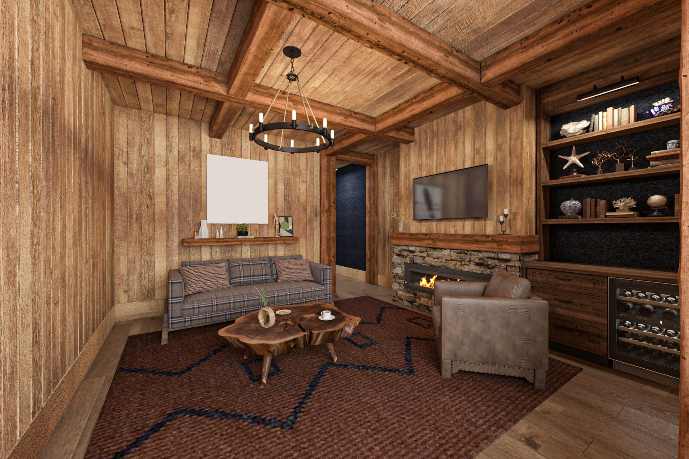 A warm and inviting living room featuring rustic wooden decor, stone fireplace, and comfortable seating. The space exudes coziness and relaxation with a blend of natural elements and tasteful furnishings.