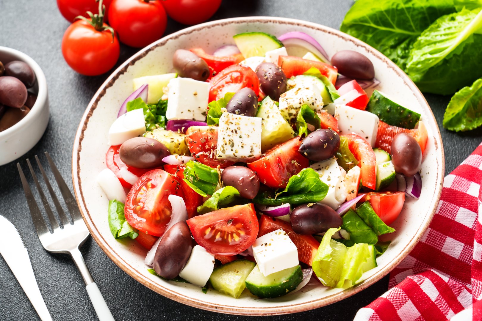Greek salad, healthy food, mediterranean diet. Macro