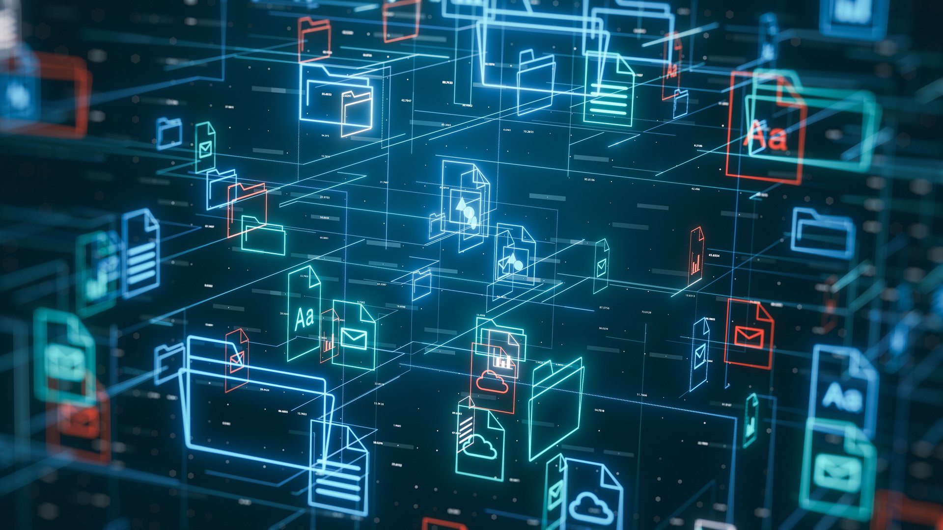 abstract complex grid with file and folder icons, futuristic document management system, concept of digital data organization (3d render)
