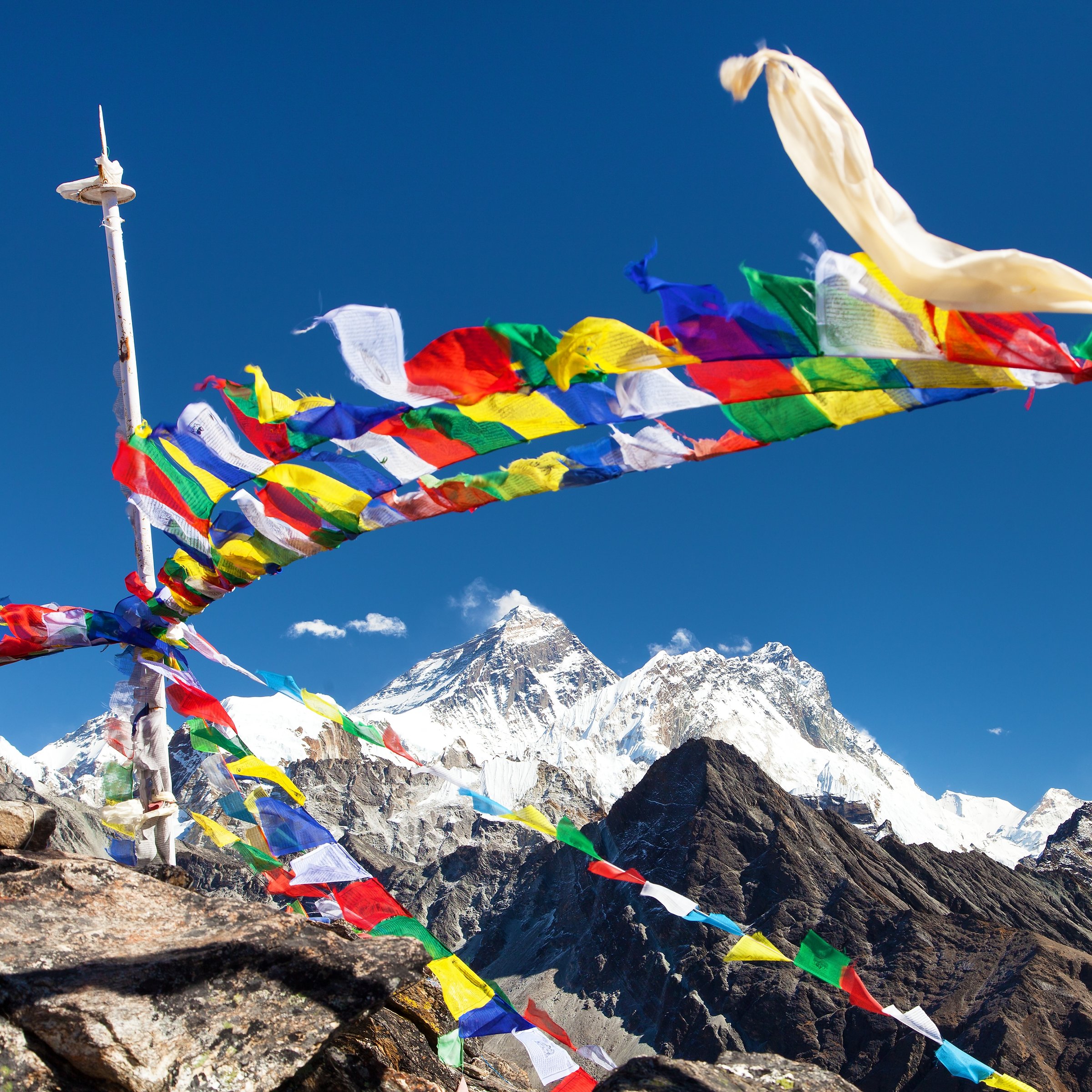view of Mount Everest, Mt Lhotse and Makalu peak with buddhist prayer flags from Gokyo Ri peak, Khumbu valley,  Nepal Himalayas mountains