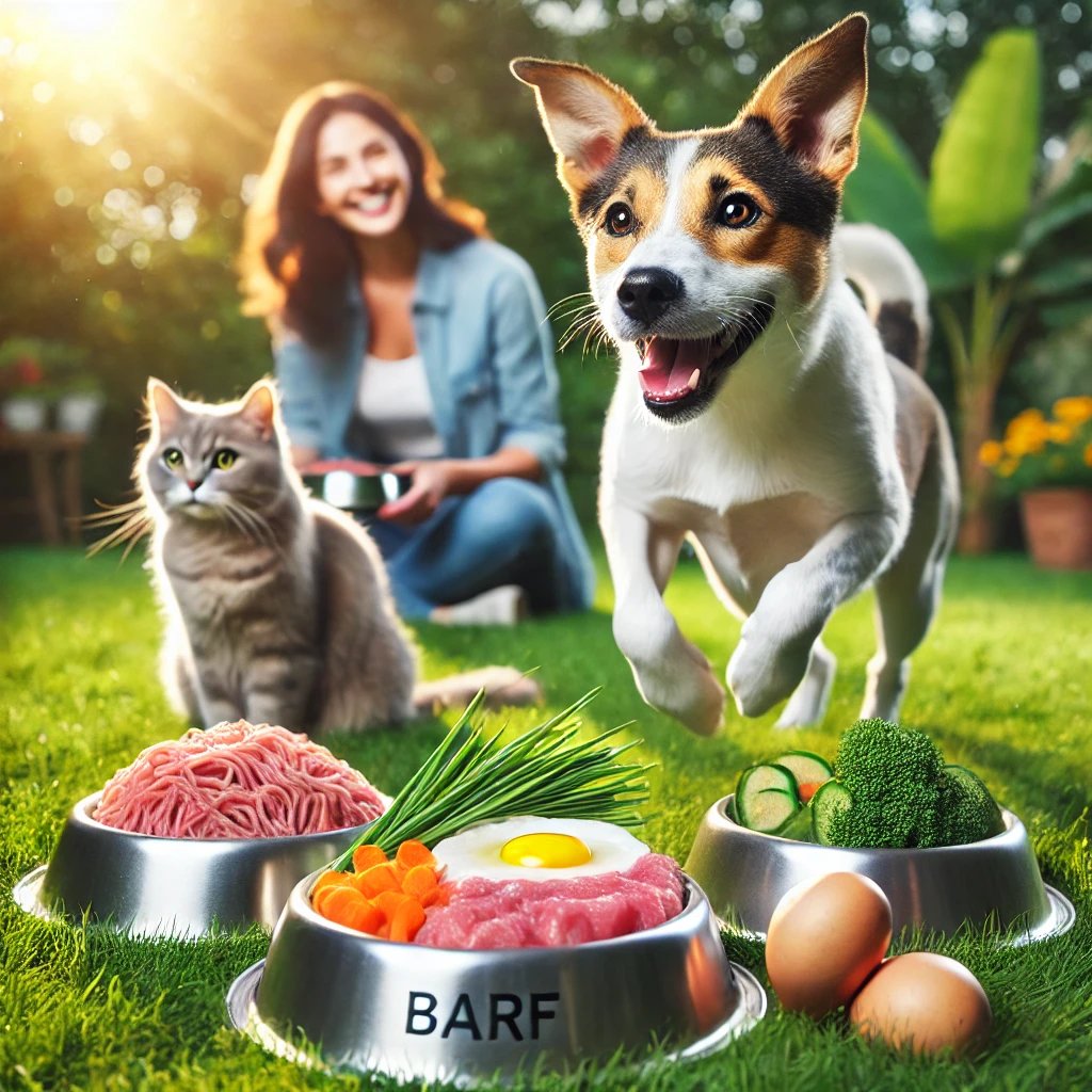 Dog and cat in garden near bowls of raw food labeled BARF. A woman holding a bowl is smiling in the background.