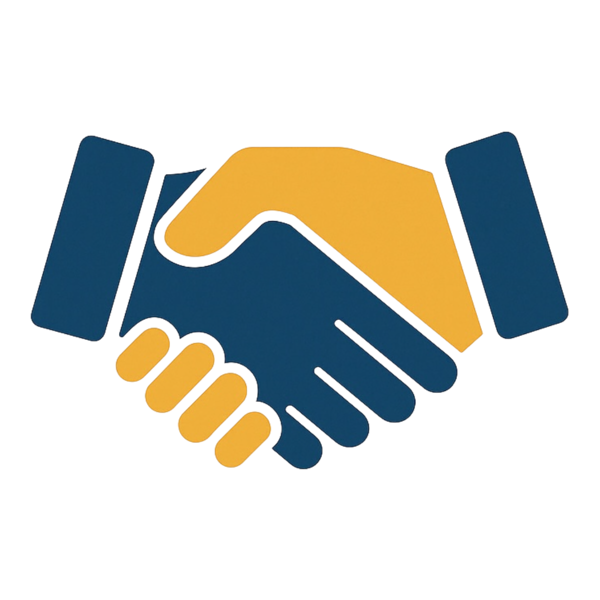 Illustration of a handshake with one blue hand and one yellow hand, symbolizing cooperation or partnership.