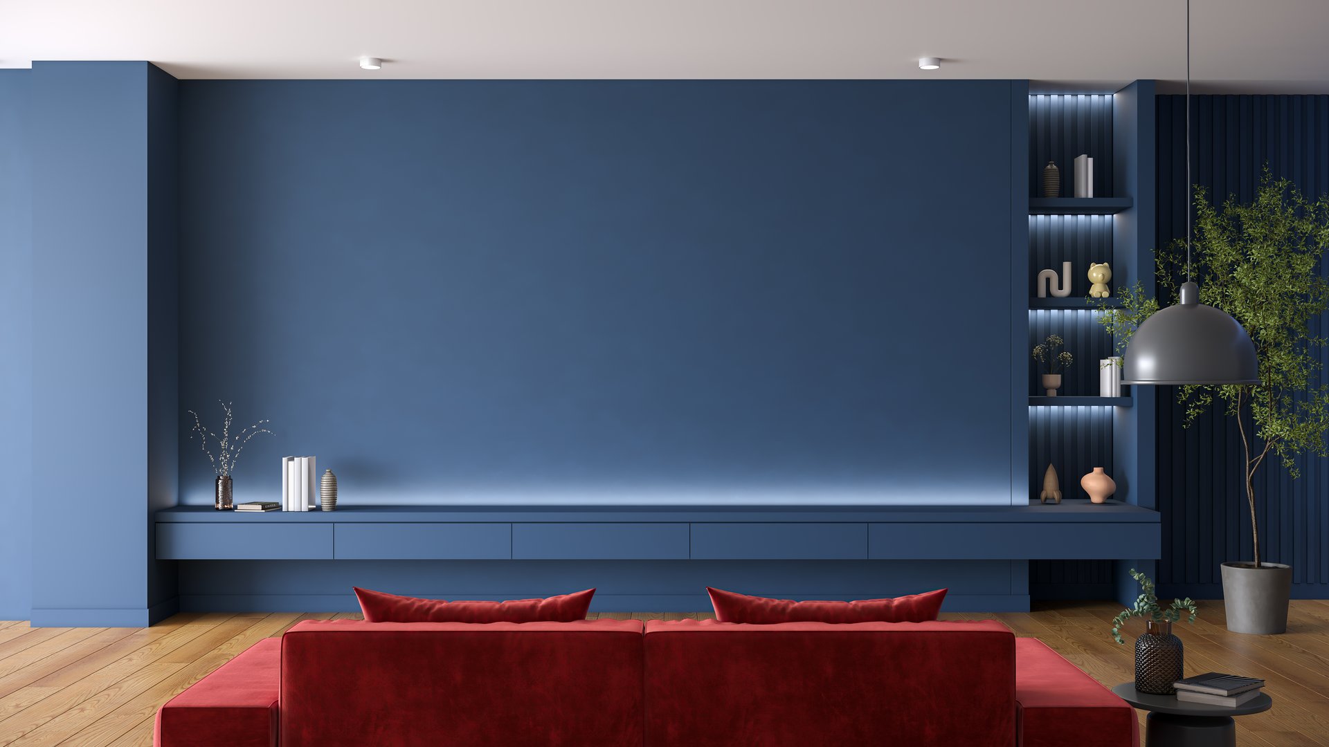 Modern  blue living room with a blank dark blue wall, ideal for a large-screen , blue cabinet  and red sofa , .3d render