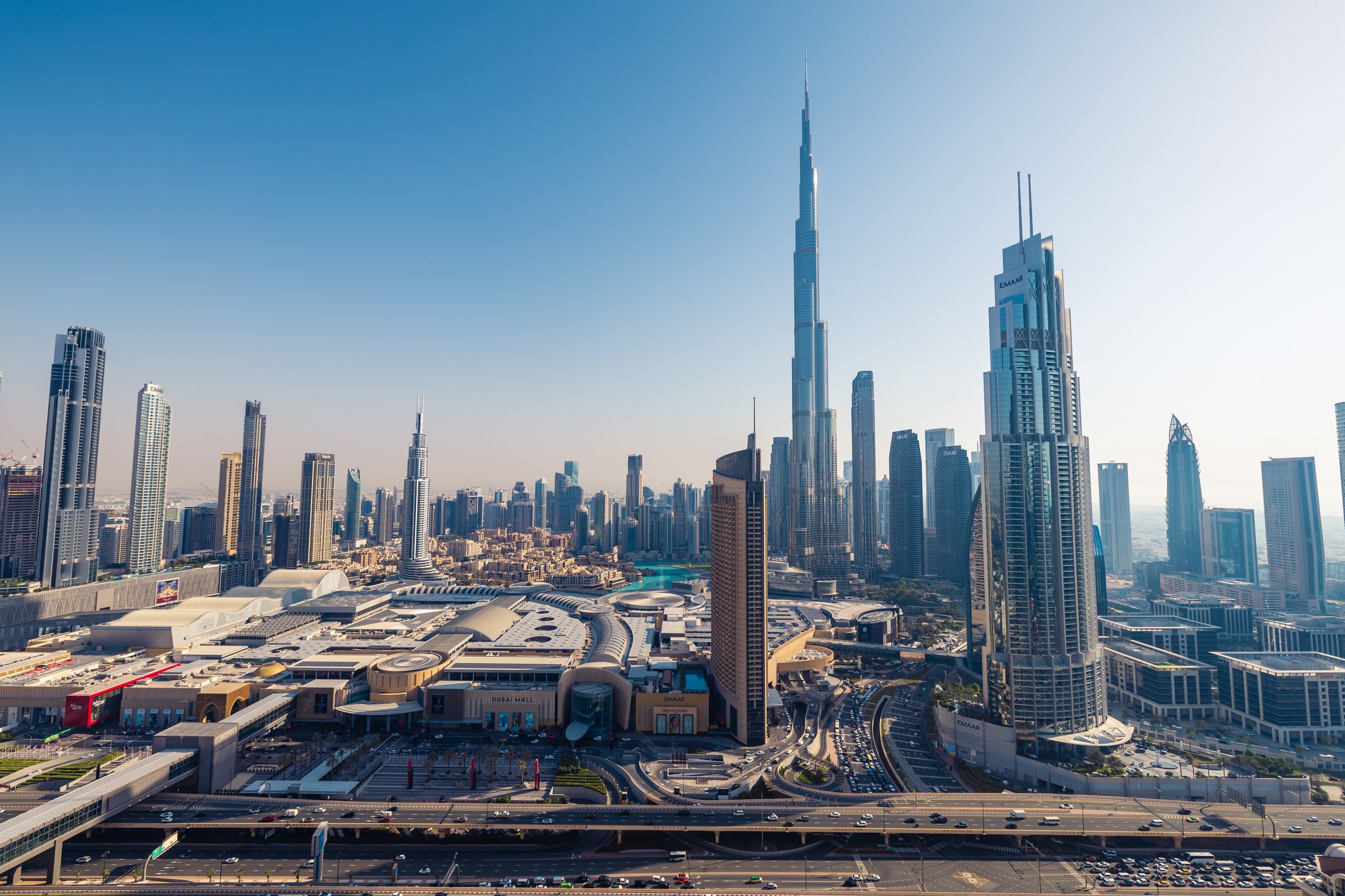 Dubai, United Arab Emirates - May 31 2024: Dubai Downtown aerial view. Modern buildings or skyscrapers along with Burj Khalifa captured during daylight.