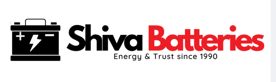 Logo for Shiva Batteries featuring a battery icon and the tagline 'Energy & Trust since 1990.'