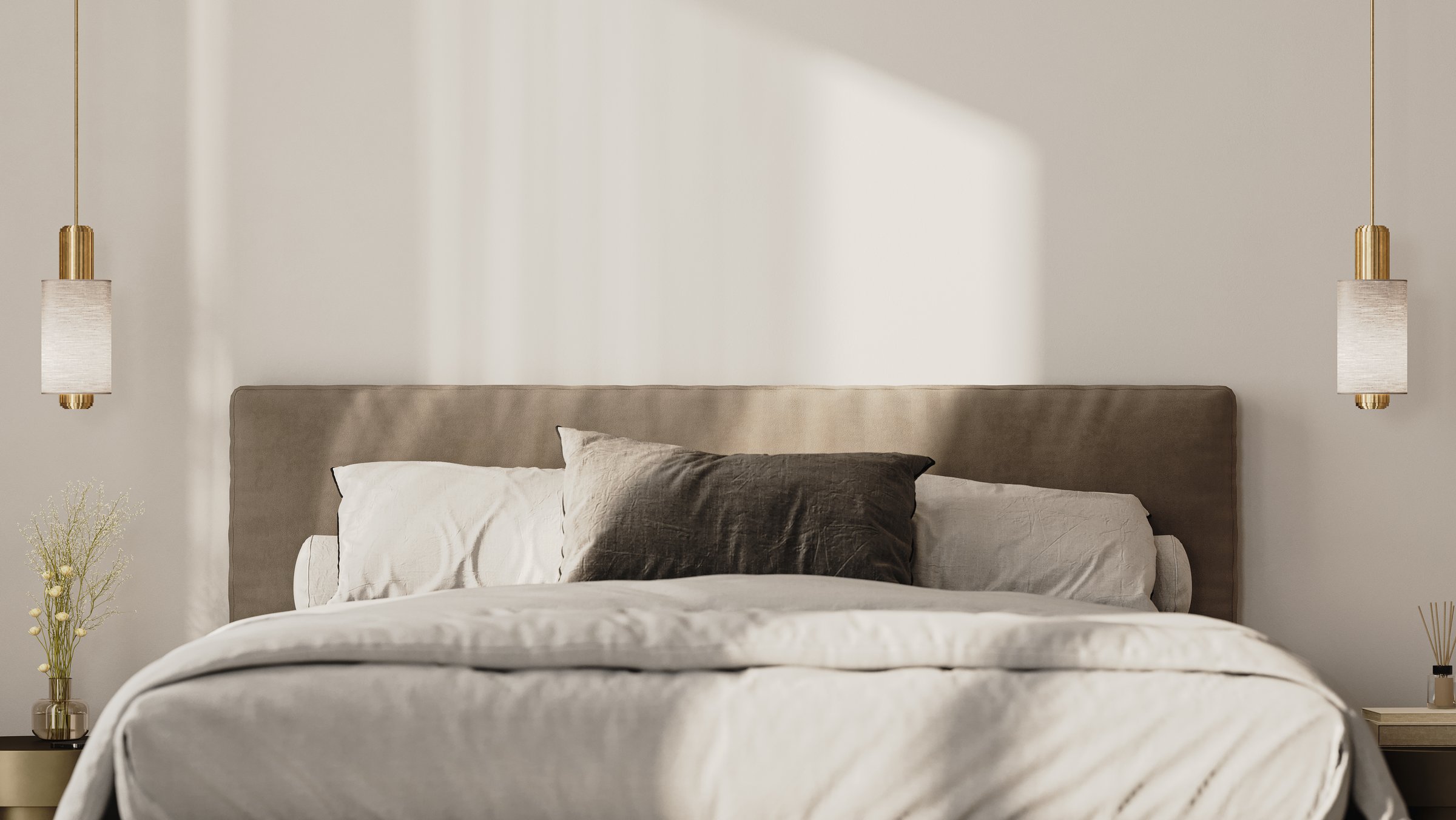 Close up of a bed in luxury bedroom interior, home or hotel concept, 3d render