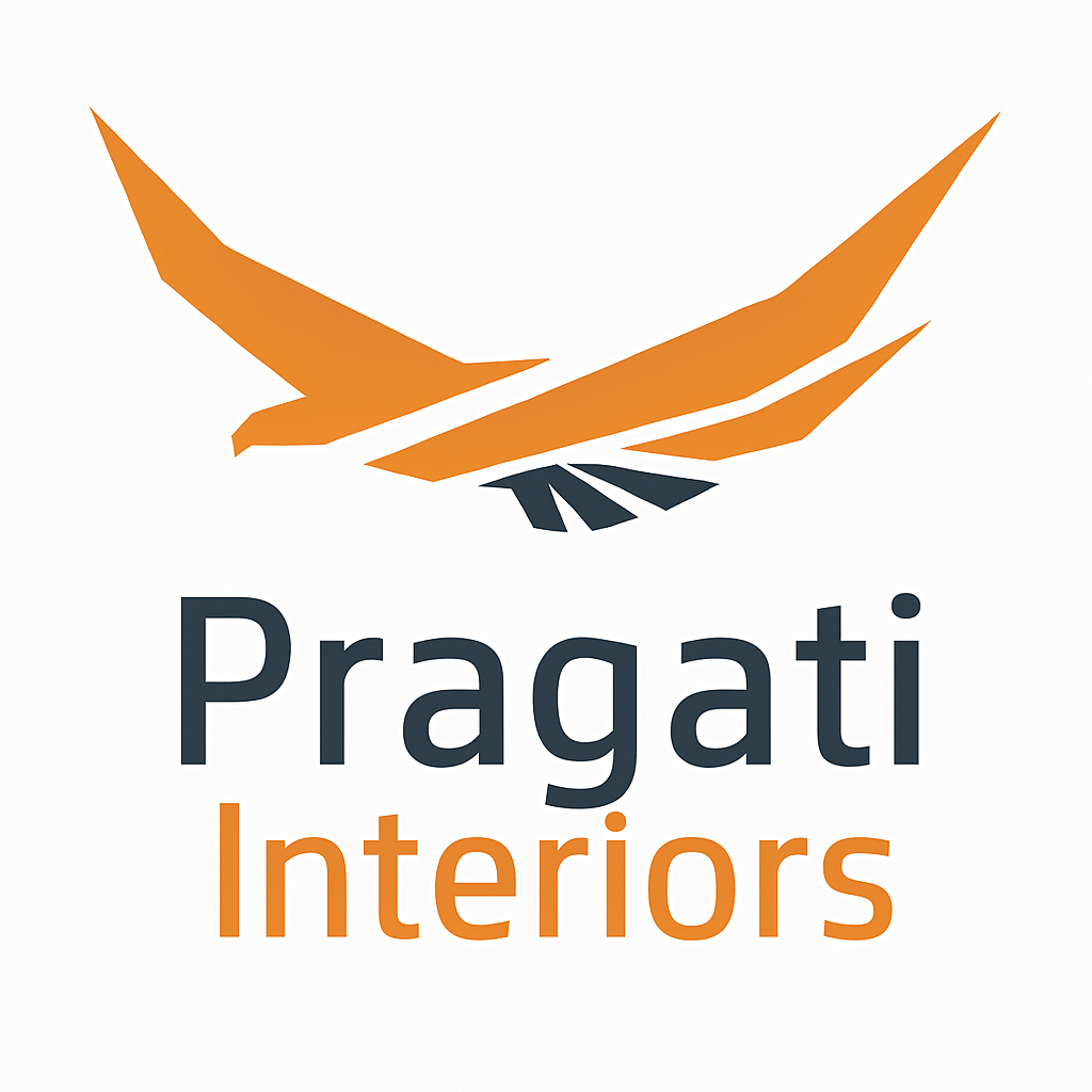 Logo of Pragati Interiors featuring an abstract orange eagle above the company name in black and orange text.
