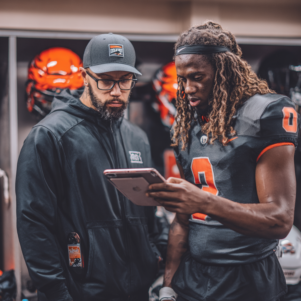 Black quarterback reviewing game film with coach