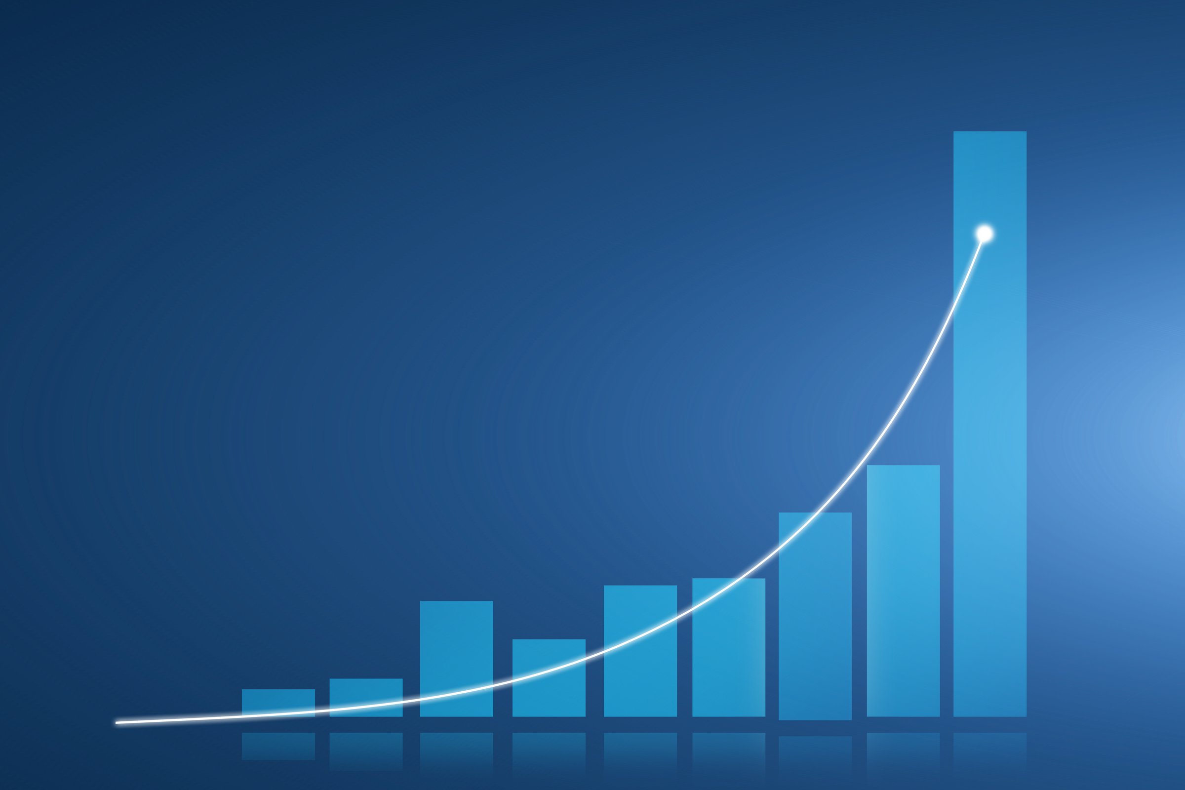 The image presents a bar chart with an upward growth trend, set against a dark blue gradient background. Here are the key details:

Visual Elements:
Bar Chart Representation:

The image consists of multiple vertical bars arranged from shortest on the left to tallest on the right.
The bars are light blue and semi-transparent, with reflections underneath, adding a sleek, modern aesthetic.
Each bar represents an increasing value, suggesting growth or improvement over time.
Upward Curve (Trend Line):

A smooth, white curved line starts from the bottom left corner, following an exponential growth pattern as it ascends toward the tallest bar on the right.
The line ends with a glowing white dot at the peak of the last bar, signifying a highlighted achievement or key milestone.
Background & Mood:

The gradient dark blue background gives a professional and futuristic feel, often used in business, technology, or financial presentations.
The absence of labels or numbers makes it a conceptual representation rather than a specific dataset.
Possible Interpretations & Meaning:
Business Growth – Increasing revenue, sales, or market share.
SEO/Marketing Success – Improving website traffic or ranking over time.
Financial Performance – A rising stock price or investment returns.
Technological Advancements – Growth in AI, innovation, or data analytics.
This image is highly symbolic of success, progress, and positive momentum, making it ideal for presentations, reports, or infographics related to business, finance, or digital marketing trends.