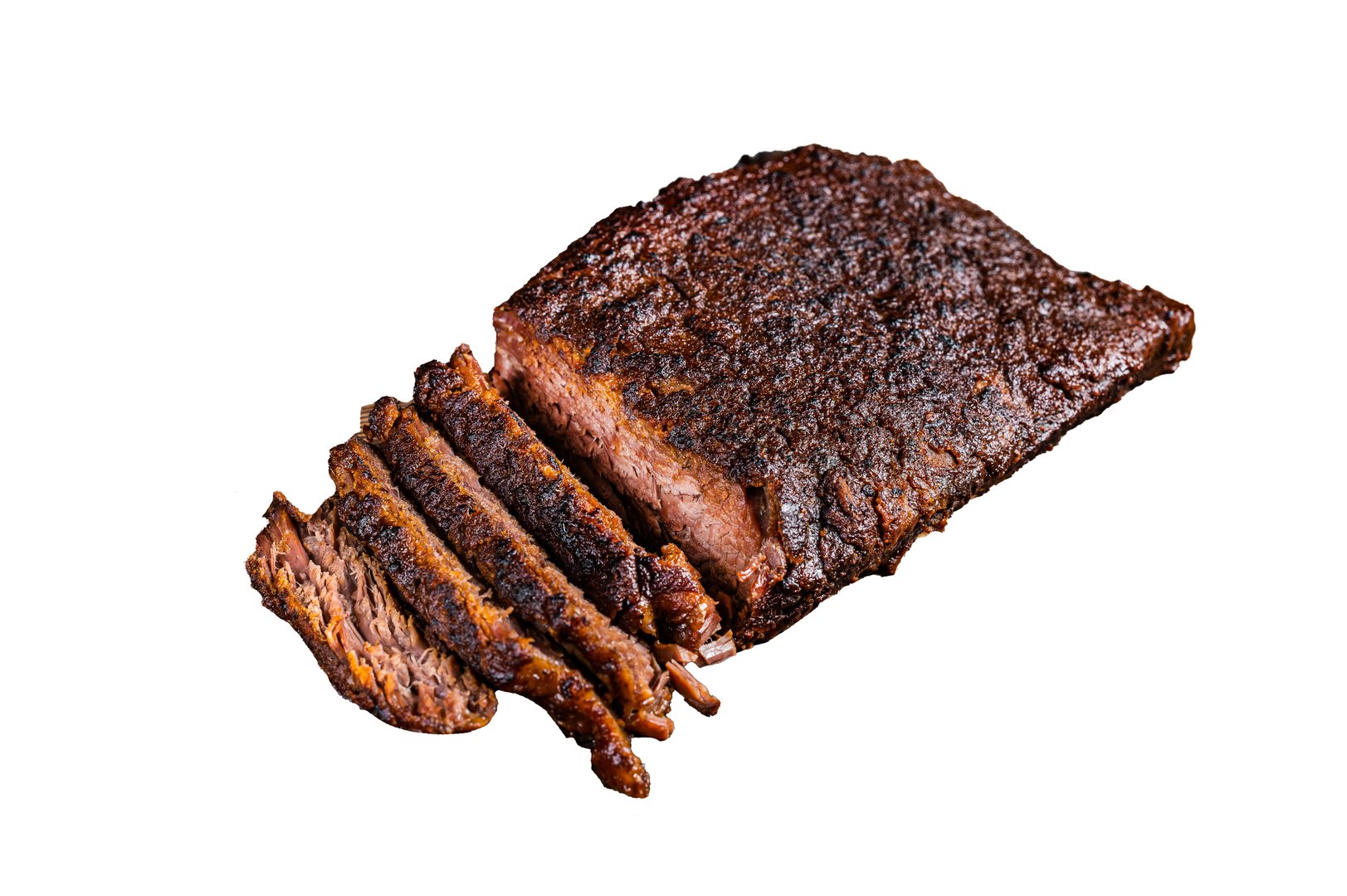 Smoked Barbecue Beef Brisket with Sauce on wooden board. Isolated, white background
