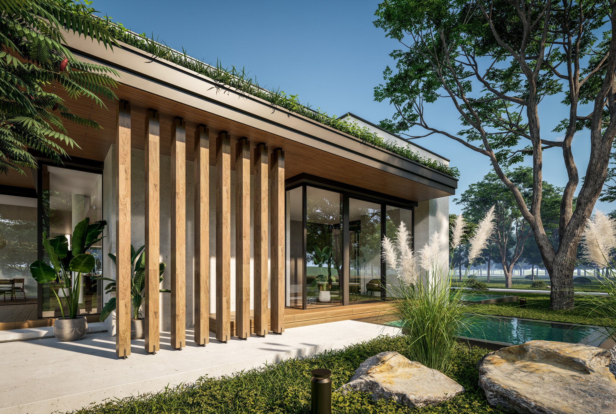 4K video rendering of two-story house with parking and pool for sale or rent with concrete facade and beautiful landscaping on background. Clear sunny summer day with blue sky.