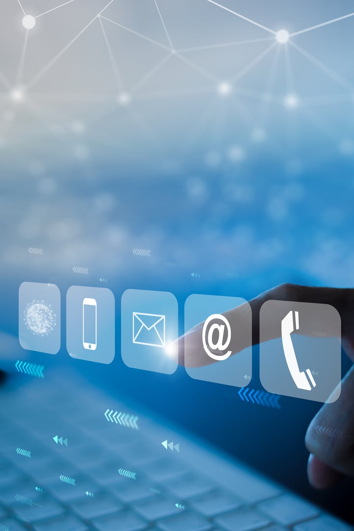 woman hands using computer with icon telephone email mobile phone and address. Contact us connection and e-mail marketing concept