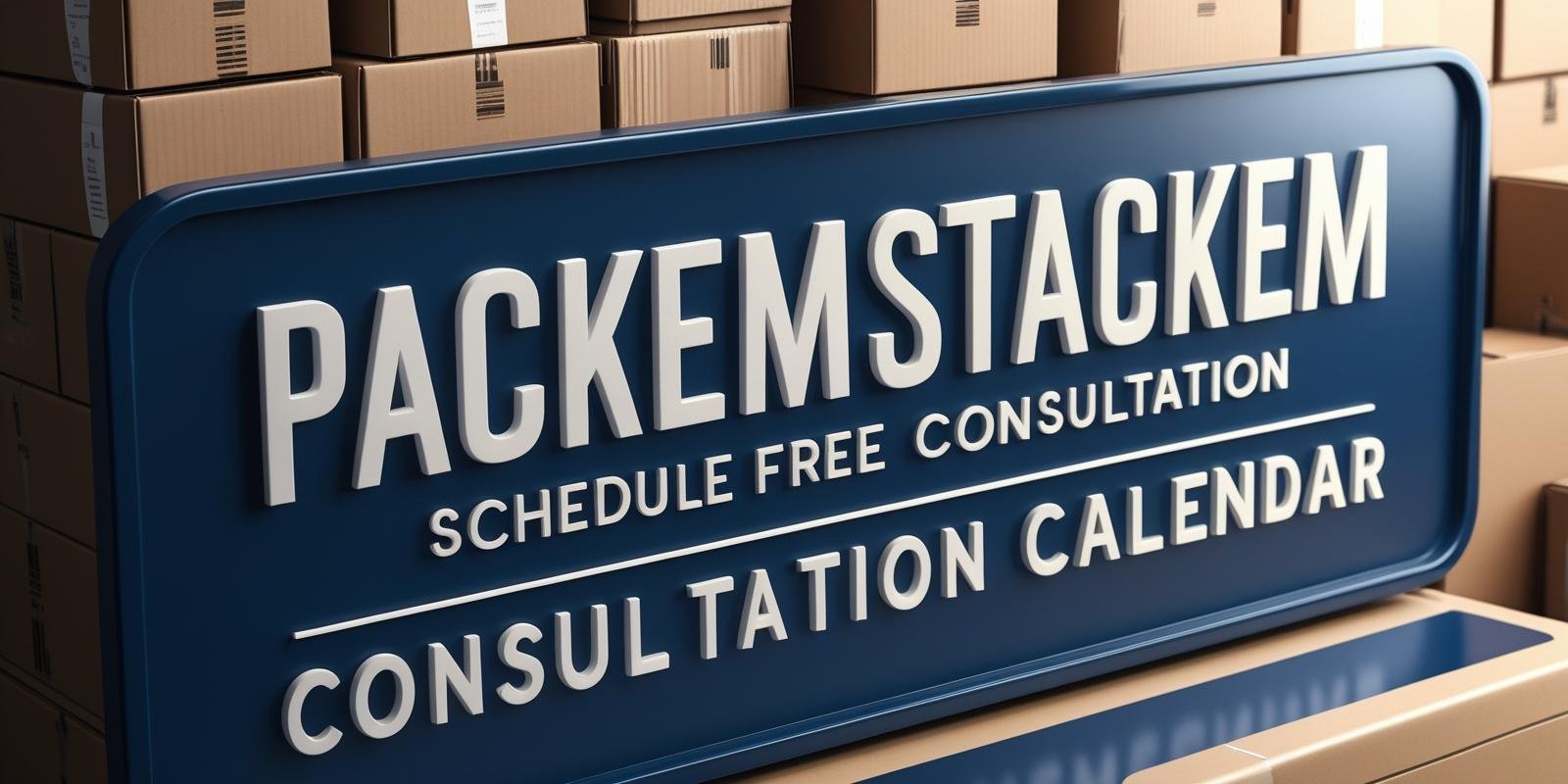 PackEmStackEm Schedule Free Consultation sign with dark blue background, packing boxes, and consultation calendar