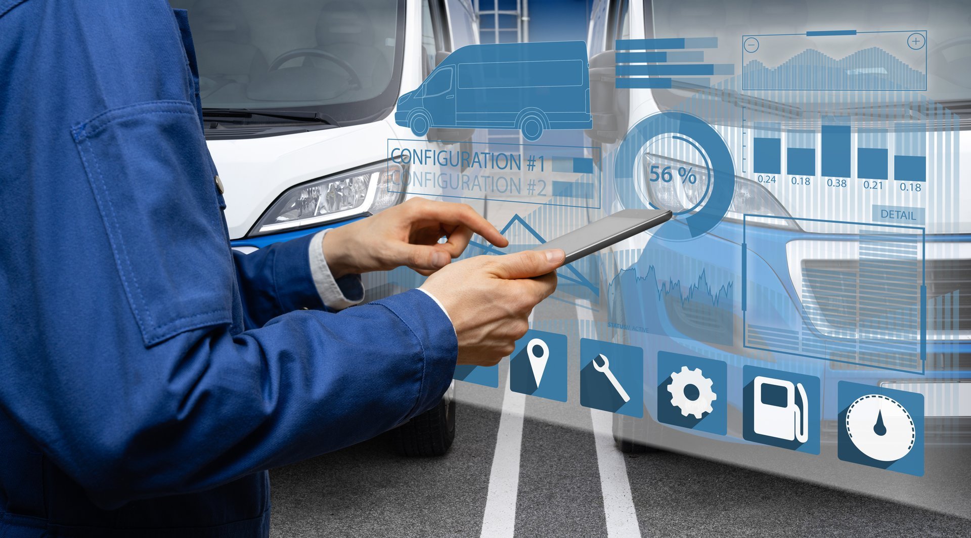 Manager with a digital tablet on the background of vans. Fleet management