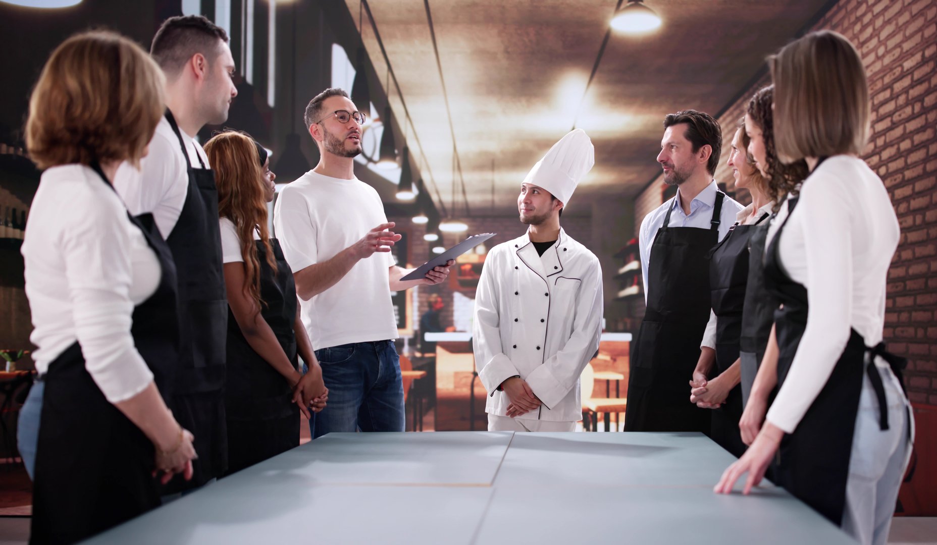 Motivated restaurant staff collaborating with diverse team
